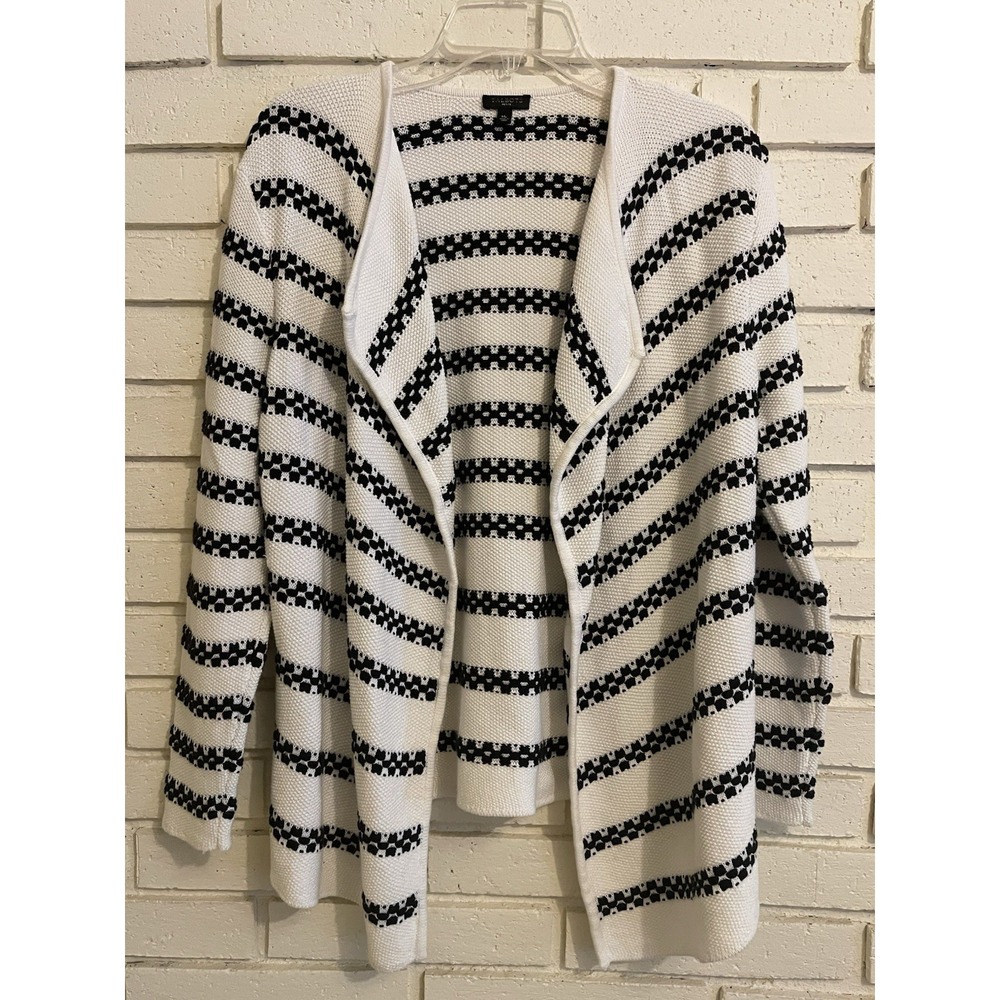 Talbots Cardigan Women‎ Medium Petite Black White Striped Open Knit Sweater